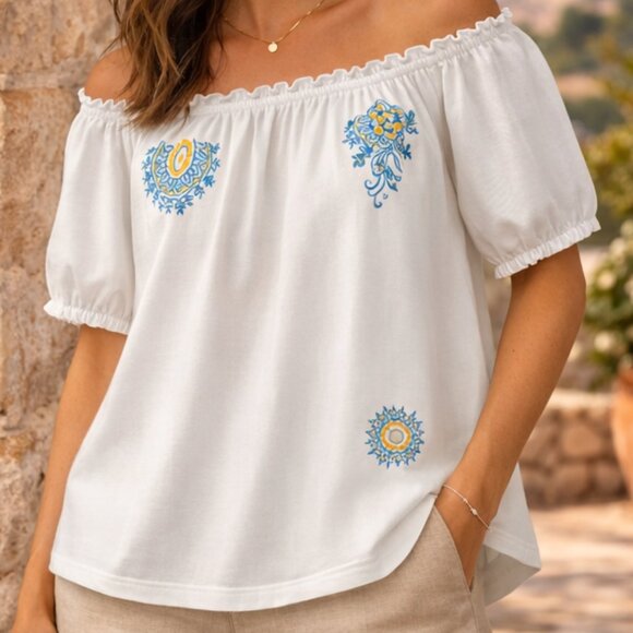 Kim Rogers Tops - Mediterranean Boho Peasant Top 3X Embroidered 100% Cotton Resort Summer